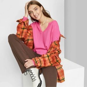 Wild Fable V-Neck Waffle Boxy T Shirt Long Sleeve Pink size M